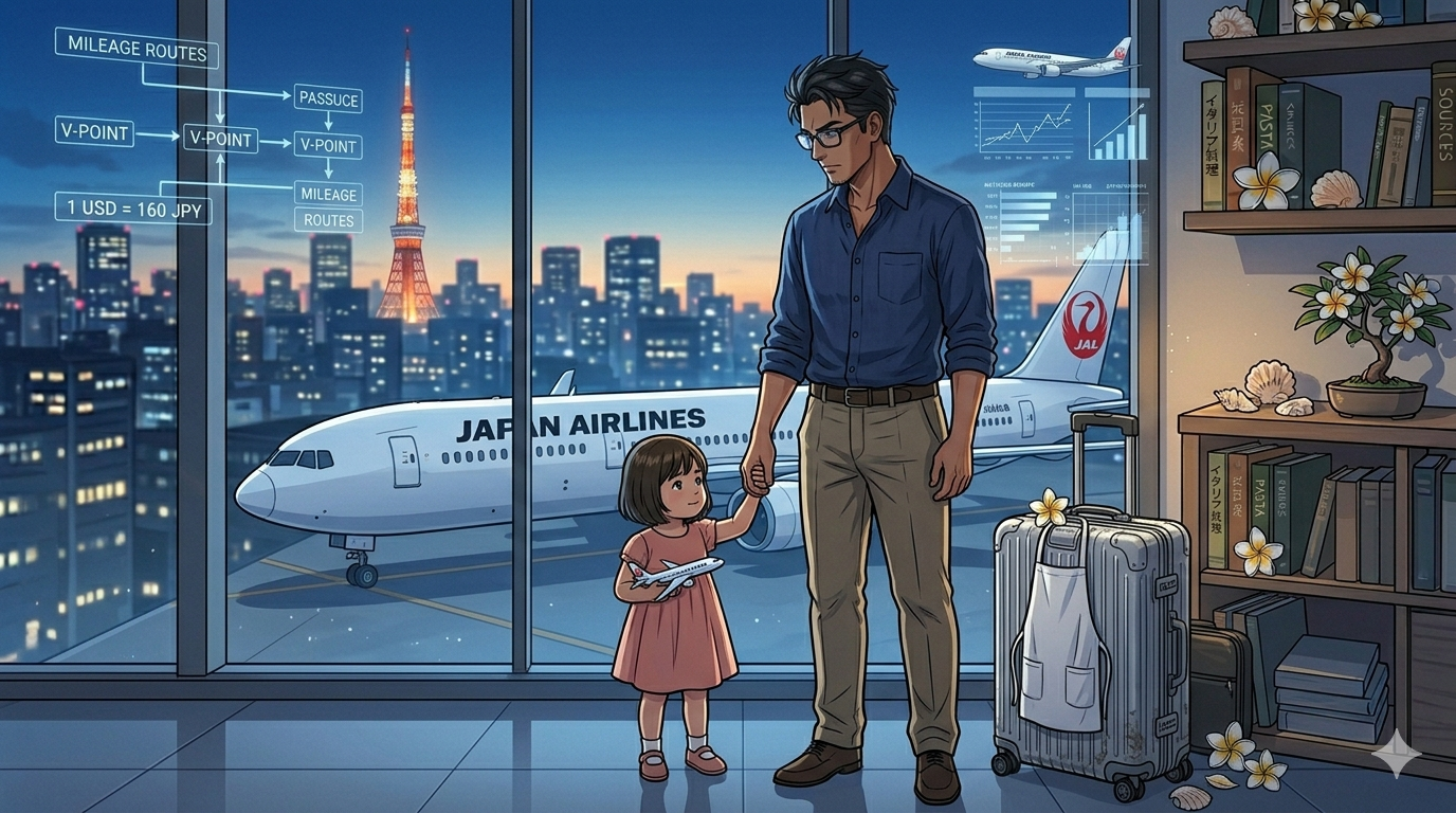 朝の光が降り注ぐ羽田空港の国際線搭乗ゲート前。コックコートではなく、洗練されたアロハシャツを纏った知的な日本人シェフ（36歳、眼鏡着用）が、2歳の娘と手を繋ぎ、滑走路に駐機するJALの機体を静かに見つめている。足元にはステッカーの貼られたシルバーのリモワ。背後には、これまでの喧騒を忘れさせるような「空白」を感じさせる、透明感のある空港の景色。15年の重圧を脱ぎ捨て、家族との新しい旅へと踏み出す決意の瞬間。