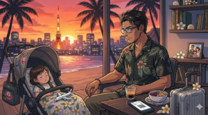ハワイ・ワイキキの夕暮れ時のビーチサイド。コックコートを脱ぎ、リラックスしたアロハシャツを着た知的な日本人シェフ（36歳、眼鏡着用）が、ベビーカーで安らかに眠る2歳の娘を愛おしそうに見つめている。足元には愛用のiPhone 15 Proが置かれたカフェテーブルがあり、グラスの中のエスプレッソが夕日を反射している。背景にはヤシの木と美しいダイヤモンドヘッドがボケて写り、時差ボケという戦いを乗り越えた家族の、静かで満たされた時間が描かれている。