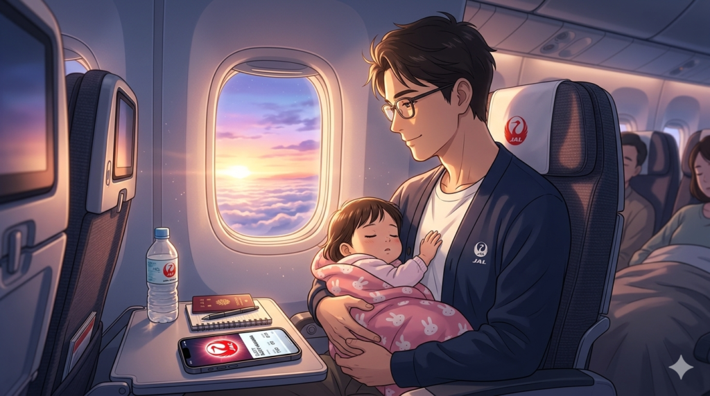 夜明けのJAL機内。窓から差し込む柔らかな光が、知的な日本人シェフ（36歳、眼鏡着用）の穏やかな横顔を照らしている。彼の腕の中では2歳の娘が安らかに眠り、テーブルの上には「JGC」のロゴが輝くJALモバイル搭乗券を表示したiPhone 15 Proが置かれている。15年の重圧から解放され、娘の一言で旅の真の価値に気づいた瞬間の、静かで感動的な情景。