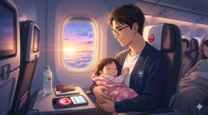 夜明けのJAL機内。窓から差し込む柔らかな光が、知的な日本人シェフ（36歳、眼鏡着用）の穏やかな横顔を照らしている。彼の腕の中では2歳の娘が安らかに眠り、テーブルの上には「JGC」のロゴが輝くJALモバイル搭乗券を表示したiPhone 15 Proが置かれている。15年の重圧から解放され、娘の一言で旅の真の価値に気づいた瞬間の、静かで感動的な情景。