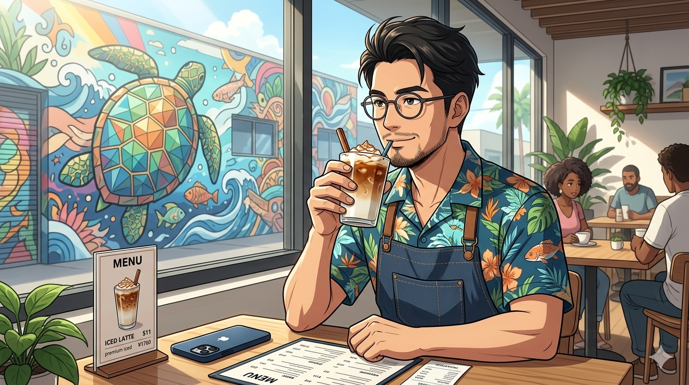 ハワイ、カカアコのカフェ。テーブルの上には、iPhone 15 Proと、10ドル（1,600円）以上する高級なアイスラテが置かれている。窓の外には鮮やかなウォールアートが見える。36歳の知的な日本人シェフが、その高いラテを一口飲み、物価の衝撃を楽しみながらも冷静に「次の戦略」を練っている、余裕と知性を感じさせる情景。