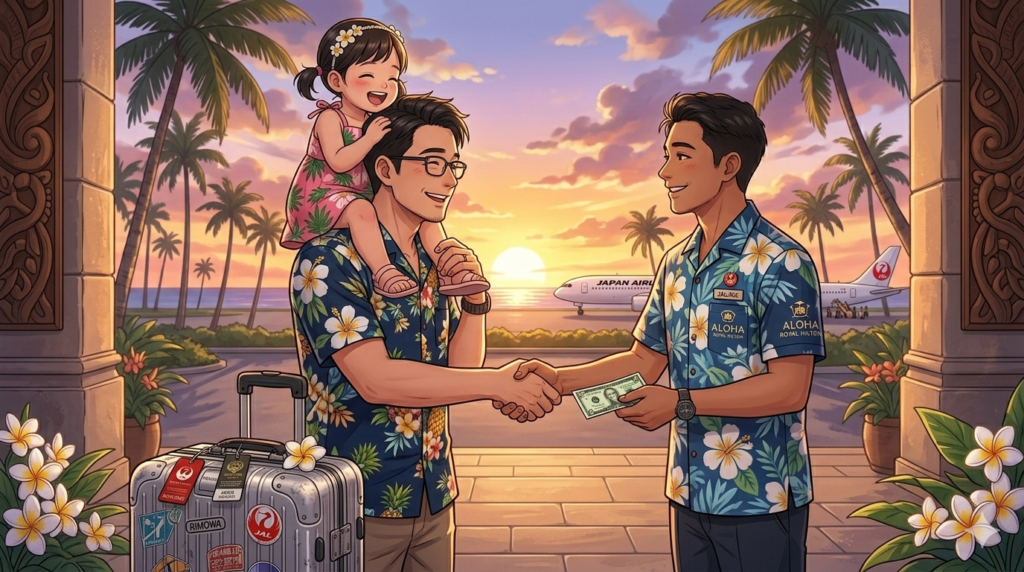 ハワイの高級ホテルのエントランス。夕日に照らされたパームツリーを背景に、36歳の知的な日本人シェフ（ダスティ）が、2歳の娘を肩車しながら、ベルボーイの手をしっかりと握り、5ドル札を添えてリスペクトの意を伝えている。手元にはJGCタグの付いたリモワ。感謝と豊かさが循環する瞬間を描いた、温かくも洗練されたアニメ調の情景。