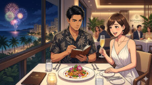 16:9のアニメ調イラスト。ラグジュアリーで洗練された『Botanico Waikiki』のテーブル席。リゾートシャツ姿の知的で凛々しい日本人シェフ（ダスティ）が、運ばれてきた美しい一皿をプロの眼差しで観察しながら、手帳に鋭いメモを取っている。隣では、ショートヘアにして晴れやかな笑顔の奥様がシャンパングラスを掲げ、料理の美しさに感動している。夜のワイキキの景色が窓の外に広がる、整理整頓された（Tidy）知的な構図。