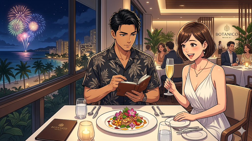 16:9のアニメ調イラスト。ラグジュアリーで洗練された『Botanico Waikiki』のテーブル席。リゾートシャツ姿の知的で凛々しい日本人シェフ（ダスティ）が、運ばれてきた美しい一皿をプロの眼差しで観察しながら、手帳に鋭いメモを取っている。隣では、ショートヘアにして晴れやかな笑顔の奥様がシャンパングラスを掲げ、料理の美しさに感動している。夜のワイキキの景色が窓の外に広がる、整理整頓された（Tidy）知的な構図。