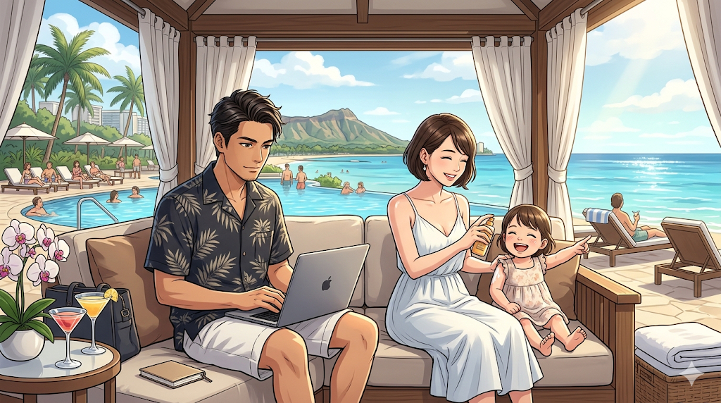 16:9のアニメ調イラスト。シェラトン・ワイキキの『ヘルモア・プレイグラウンド』にある豪華なカバナの中。リゾートシャツ姿のダスティが、ソファでMacBookを開き、店の予約状況を真剣かつ穏やかに確認している。その横で、ショートヘアの奥様が2歳の娘に日焼け止めを塗り、娘は楽しそうにプールを指差している。背景にはインフィニティプールと青い海。家族の安全とパパの仕事が美しく両立する、整理整頓された（Tidy）ラグジュアリーな構図。