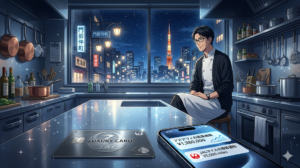 深夜の厨房、ピカピカに磨かれたステンレスの作業台に置かれたJALラグジュアリーカード（ブラックカード）。その横では、iPhone 15 Proの画面にアドアフィの成果速報とJALマイル積算通知が流れている。15年目シェフが落ち着いた表情で、実業と最新のポイ活技術を融合させ、未来のJAL 6-Star（永久ダイヤモンド）を見据えているシネマティックで知的な情景。