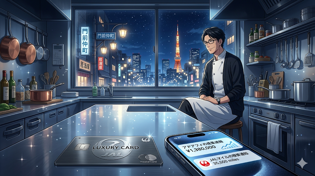 深夜の厨房、ピカピカに磨かれたステンレスの作業台に置かれたJALラグジュアリーカード（ブラックカード）。その横では、iPhone 15 Proの画面にアドアフィの成果速報とJALマイル積算通知が流れている。15年目シェフが落ち着いた表情で、実業と最新のポイ活技術を融合させ、未来のJAL 6-Star（永久ダイヤモンド）を見据えているシネマティックで知的な情景。
