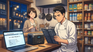 16:9のアニメ調イラスト。夜の門前仲町の厨房。カウンターにEcoFlowポータブル電源と、開いたMacBookが置かれている。MacBookの画面にはJALマイルの残高。ダスティが静かにソーラーパネルのスペックを確認している。背景には、非常食のパスタや水が整然とストックされた棚。ショートヘアの奥様が、その様子を信頼の眼差しで見守っている。経営者の「備え」と知性を象徴する、整理整頓された（Tidy）力強い構図。