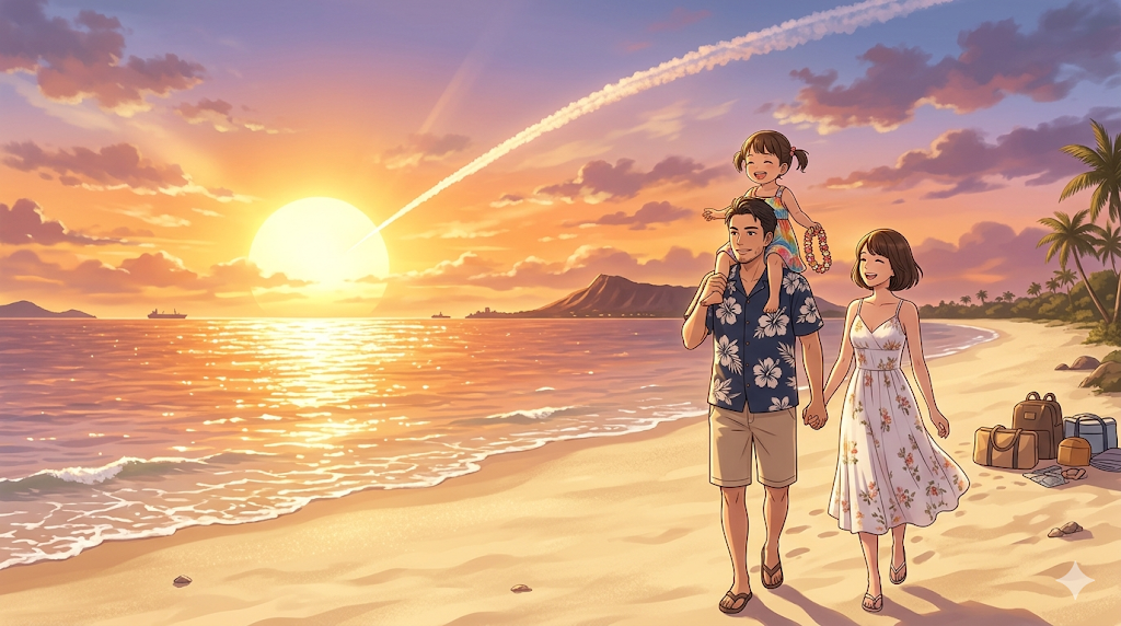 16:9のアニメ調イラスト。ハワイの砂浜。夕陽が輝く中、リゾートシャツ姿の日本人シェフ（ダスティ）が2歳の娘を肩車し、ショートヘアの奥様と手をつないで地平線を見つめている。空には大きな飛行機雲。娘の視線の先には、黄金色に輝く海が広がっている。子供の未来への投資と家族の絆を象徴する、整理整頓された（Tidy）光に満ちた美しい構図。