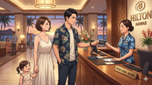 16:9のアニメ調イラスト。ハワイのヒルトン・ホテルのフロントデスク。リゾートシャツ姿の凛々しく知的な日本人シェフ（ダスティ）が、穏やかな笑顔でスタッフにダイヤモンド会員カードを提示しながら会話している。スタッフも敬意を持って、嬉しそうに応対している。傍らには、新しい髪型で自信に満ちたショートヘアの奥様が、2歳の娘の手を引いて立っている。プロ同士の「敬意」とラグジュアリーな雰囲気が漂う、整理整頓された（Tidy）知的な構図。