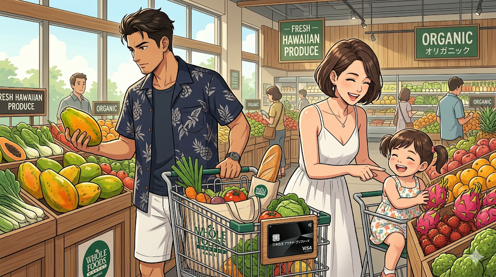 16:9のアニメ調イラスト。ハワイの『ホールフーズ・マーケット』内。リゾートシャツ姿のダスティが、真剣な眼差しで現地のパパイヤやオーガニック野菜を吟味している。カートには高品質な食材と、決済を待つ『三井住友プラチナ・プリファード（スタイリッシュな黒）』。隣では、新しい髪型のショートヘアの奥様が2歳の娘と一緒に、珍しいフルーツを楽しそうに眺めている。プロの「目利き」と家族の日常が交差する、整理整頓された（Tidy）明るい構図