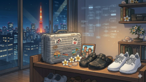 夜の静かなレストランの入り口。棚には、ステッカーの貼られたシルバーのリモワと、使い込まれたビルケンシュトックの厨房靴、そして真っ白で清潔感のあるオールバーズのウールランナーが並んでいる。その傍らには、ハワイのビーチでの家族写真が飾られ、窓の外には東京タワーの赤い光がぼんやりと滲んでいる。15年目のシェフが、日常（厨房）と非日常（旅）を足元から切り替える、知的なミザンプラスを感じさせる静止画。