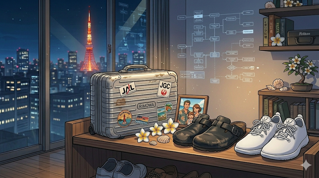 夜の静かなレストランの入り口。棚には、ステッカーの貼られたシルバーのリモワと、使い込まれたビルケンシュトックの厨房靴、そして真っ白で清潔感のあるオールバーズのウールランナーが並んでいる。その傍らには、ハワイのビーチでの家族写真が飾られ、窓の外には東京タワーの赤い光がぼんやりと滲んでいる。15年目のシェフが、日常（厨房）と非日常（旅）を足元から切り替える、知的なミザンプラスを感じさせる静止画。