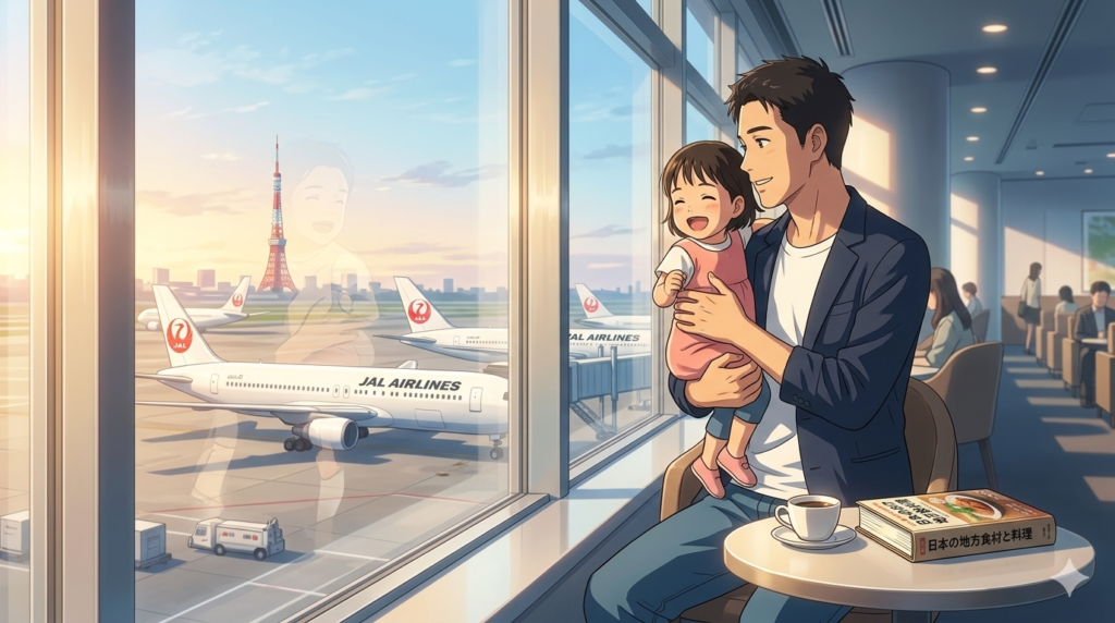 早朝の羽田空港、JALサクララウンジの窓際。白いTシャツにネイビーのジャケットを羽織ったラフなスタイルの36歳日本人シェフが、2歳の娘と一緒に大きな窓から駐機場のJAL機を眺めている。テーブルの上には一杯のコーヒーと、「金沢の食材」について書かれた古い料理本。仕事から解放された穏やかな表情と、新しいインスピレーションを求める好奇心が混ざり合う、爽やかな朝の光に満ちたアニメ調イラスト。