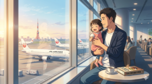 早朝の羽田空港、JALサクララウンジの窓際。白いTシャツにネイビーのジャケットを羽織ったラフなスタイルの36歳日本人シェフが、2歳の娘と一緒に大きな窓から駐機場のJAL機を眺めている。テーブルの上には一杯のコーヒーと、「金沢の食材」について書かれた古い料理本。仕事から解放された穏やかな表情と、新しいインスピレーションを求める好奇心が混ざり合う、爽やかな朝の光に満ちたアニメ調イラスト。