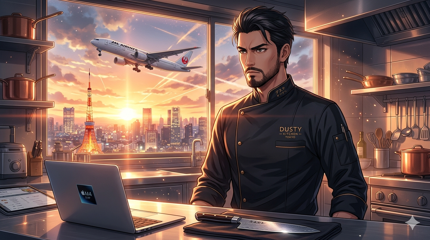 燃えるような朝焼けの中、厨房のステンレス台に置かれたMacBook Airと鋭い牛刀。画面には黄金の飛行ルートが輝き、窓の外には上昇する旅客機が見える