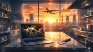 夜明け前の東京の厨房、ステンレス台に置かれたMacBook Air M4と仕入れ伝票、高級食材。窓の外には上昇する大型旅客機。新海誠風のアニメイラスト。