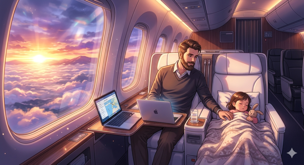 豪華な旅客機のビジネスクラス内。フルフラットシートで穏やかに眠る2歳の娘と、その横で優しく見守るダンディなシェフのダスティ。サイドテーブルにはMacBook Air M4とiPadが置かれ、窓の外には美しい雲海とオレンジ色の朝焼けが広がっている。新海誠風のアニメーションスタイルで描かれた、温かく感動的なシーン。