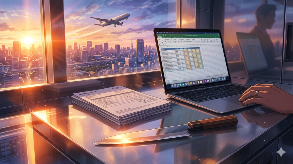 清潔な厨房のステンレス台で、山積みの請求書の横に置かれたMacBook Air M4と、鋭く光る牛刀。窓からは東京の夜明けの光が差し込み、遠くに上昇する飛行機のシルエットが見える。