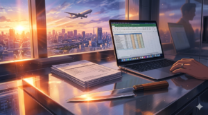 清潔な厨房のステンレス台で、山積みの請求書の横に置かれたMacBook Air M4と、鋭く光る牛刀。窓からは東京の夜明けの光が差し込み、遠くに上昇する飛行機のシルエットが見える。