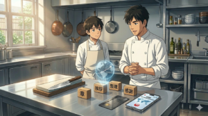 밝朝の日光が差し込む厨房。36歳の日本人オーナーシェフが、新人スタッフ（後姿）に真剣な表情で指導をしている。シェフは手にiPhone 15 Proを持ち、画面には「有効期限」「価値」「ルート」という3つのキーワードが表示されたマイル管理アプリが開かれている。新人スタッフはメモを片手に熱心に聞いている。周囲には食材やピカピカの調理器具、そしてimage_172.pngから引き継がれた砥石と包丁が整然と置かれており、基本を徹底するプロの教育現場を描いたアニメ調イラスト。