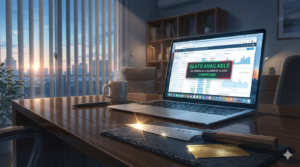 早朝の静かなワークスペース。ダークウォールナットのデスクの上に、シルバーのM4 MacBook Airが美しく開かれている。画面にはJAL国際線の特典航空券予約画面と、空席のキャンセル発生タイミングを分析した複雑なタイムラインのデータグラフが鮮やかに表示されている。その手前の大理石トレイには、プロ仕様の美しい牛刀と、ゴールドのプレミアムクレジットカードが整然と並べられている風景。
