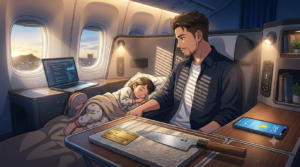 JAL国際線ビジネスクラスの洗練された機内。夜の落ち着いた照明の中、短髪で髭を蓄えたスマートな男性シェフ（ダスティ）が、隣の広々としたシートで気持ちよさそうに眠る2歳の娘を優しく見守っている。彼の前にはシルバーのM4 MacBook Airが美しく開かれ、サイドテーブルにはホノルルの天気が映るスマホ、プロ仕様の牛刀、ゴールドのクレジットカードが機能的に配置されている風景。