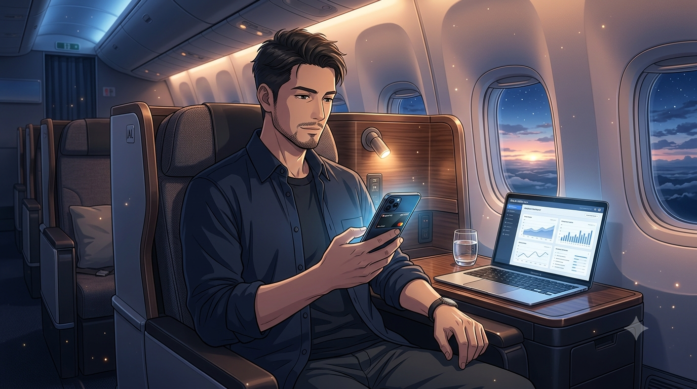 JAL国際線ビジネスクラスの洗練された夜の機内。短髪で髭を整えた30代のスマートな男性(ダスティ)が、片手でiPhoneを持ち、Apple Payの画面を起動してスマートに決済をこなしている。彼のデスクの上には、航空券のグラフが表示されたシルバーのM4 MacBook Airが美しく開かれており、窓の外には夜明け前の美しい星空が広がっている風景。