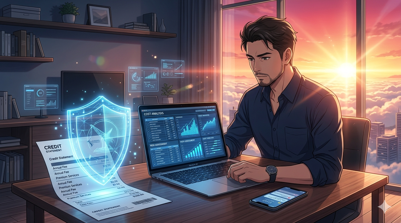 夜明け前の洗練されたモダンな書斎。スマートな30代の日本人男性（ダスティ）が、M4 MacBook Airの画面に映し出されたクレジットカードの年会費とコストベネフィットの分析チャートを、落ち着いた表情で見つめている。デスクの上には、高額な請求書（コスト）が、青く光る半透明のデジタルシールド（盾のメタファー）へと変換されていく近未来的なグラフィックが重なっており、日常の空間にドラマチックな朝日の光が差し込んでいる風景。