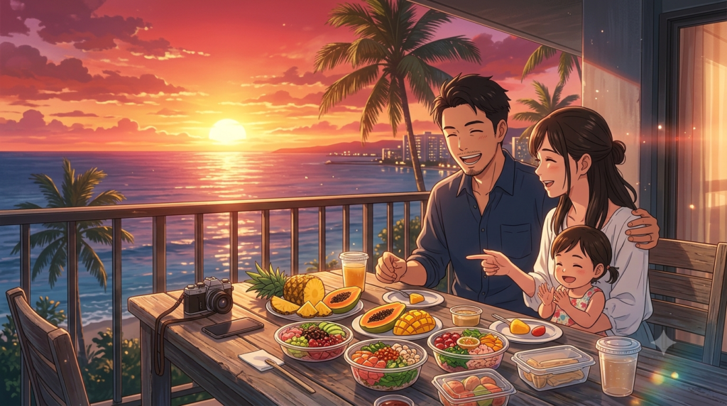 ハワイの壮大な黄金色の夕日が海に沈んでいく景色を望む、ホテルの広々としたバルコニー（ラナイ）。30代の短髪・髭の優しい表情をした日本人男性（ダスティ）と、笑顔の美しい妻、そして楽しそうに笑う2歳の幼い娘の3人家族がテーブルを囲んでいる。テーブルの上には、地元スーパーでテイクアウトした新鮮なポケボウルやカラフルなフルーツが賑やかに広がっている。家族の頭上には、温かい家族の絆を祝福するような、かすかで美しい南国の星空のグラデーションが広がる、幸福感に満ち溢れた完全オリジナルなアイキャッチの風景。