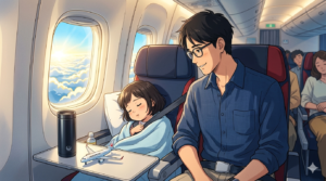 ⁠早朝のJAL903便の機内で、窓から差し込む優しい朝の光を浴びながら、ストローマグを手に持って心地よさそうに深い眠りについている2歳の女の子と、それを見守る優しい笑顔のパパのイラスト⁠