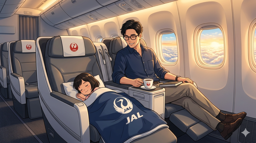 夕方の柔らかな光が差し込むJAL934便のクラスJシートで、幅広の快適な座席にレッグレストを上げ、パパの膝の上で安らかに熟睡している2歳の女の子と、窓の外の美しい雲海を眺めながらゆったりとコーヒーを味わうスマートな父親のイラスト⁠
