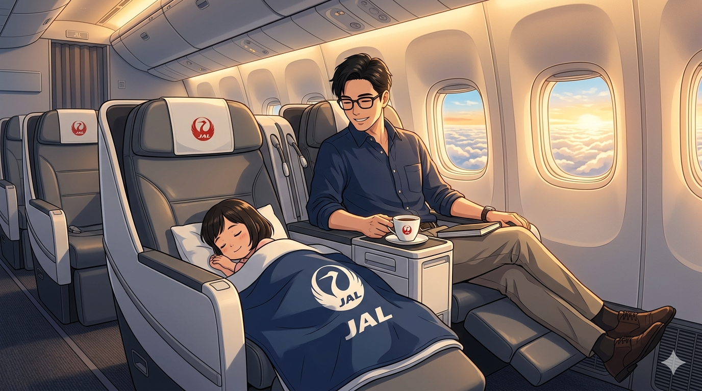 夕方の柔らかな光が差し込むJAL934便のクラスJシートで、幅広の快適な座席にレッグレストを上げ、パパの膝の上で安らかに熟睡している2歳の女の子と、窓の外の美しい雲海を眺めながらゆったりとコーヒーを味わうスマートな父親のイラスト⁠