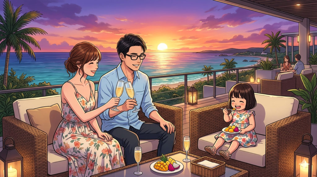 ⁠夕暮れ時のキャノピーbyヒルトン沖縄宮古島リゾートの美しいテラス席で、エメラルドグリーンの海とオレンジ色に染まるマジックアワーの空をバックに、ソファ席で嬉しそうに新鮮なフルーツを食べている2歳の女の子と、笑顔でシャンパングラスを傾けて乾杯しているスマートな父親と母親のイラスト⁠