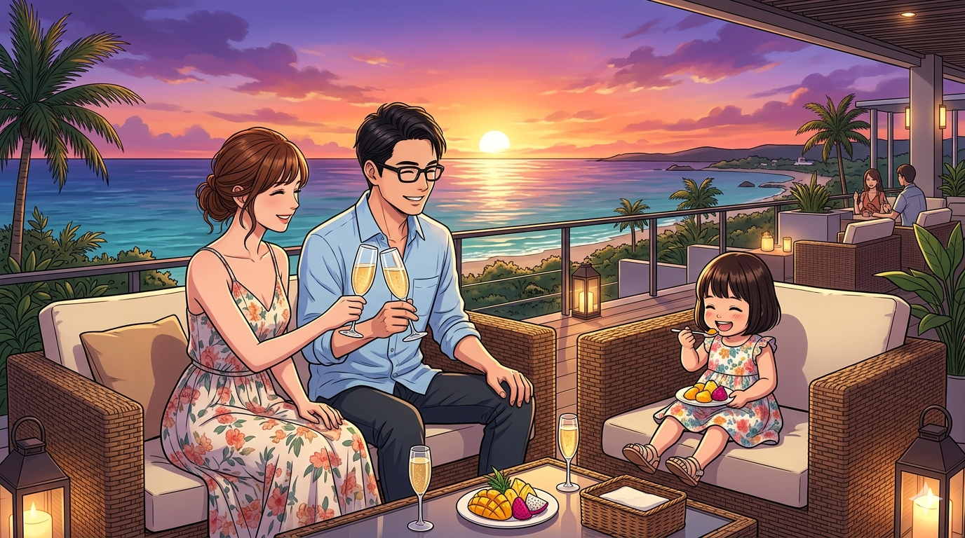 ⁠夕暮れ時のキャノピーbyヒルトン沖縄宮古島リゾートの美しいテラス席で、エメラルドグリーンの海とオレンジ色に染まるマジックアワーの空をバックに、ソファ席で嬉しそうに新鮮なフルーツを食べている2歳の女の子と、笑顔でシャンパングラスを傾けて乾杯しているスマートな父親と母親のイラスト⁠