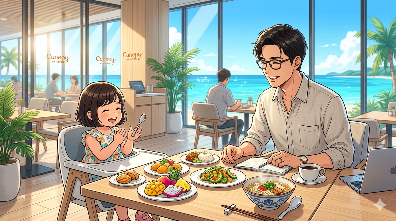 ⁠キャノピーbyヒルトン沖縄宮古島リゾートの明るく開放的な朝食レストランで、窓の外に宮古ブルーの美しい海が広がる中、テーブルの上に美しくコース仕立てに盛り付けられた色鮮やかなトロピカルフルーツや島豆腐のプレートを前に、スプーンを持って大喜びしている2歳の女の子と、それを見守る優しい笑顔のパパのイラスト⁠