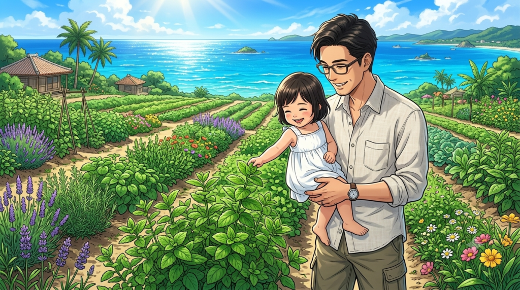 ⁠豊かな緑と色鮮やかな南国の花が咲き乱れる宮古島の美しいオーガニックハーブ農園で、パパが優しく抱っこした2歳の女の子が、目の前のみずみずしい緑のハーブの葉を小さな手で楽しそうに触っている温かいイラスト。パパの手元にはデータ確認用のスマートフォンがスマートに握られている。⁠