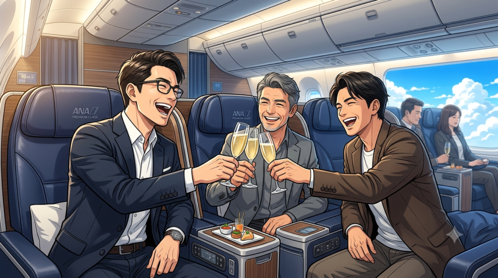 ⁠洗練されたANA国内線プレミアムクラスの広々としたシートで、スマートなメガネをかけたオシャレな日本人パパと、清潔感のあるイケメンの男性友人2名が、笑顔でシャンパンの入ったグラスを掲げて機内での乾杯を楽しんでいる、温かい cinematic な光が満ちたアニメスタイルのイラスト。窓の外には美しい青空と白い雲が広がっている。⁠