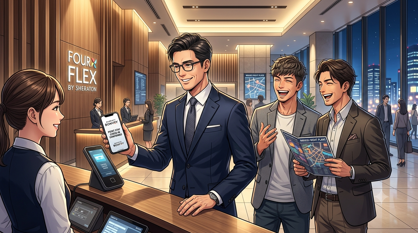 ⁠洗練されたフォーポイント フレックス byシェラトン福岡博多のフロントデスクで、スマートなメガネをかけたオシャレな日本人パパが、スタッフにスマートフォンを見せながらマリオットボンヴォイのポイントを使ったスマートなチェックインを完了している横で、清潔感のあるイケメンの男性友人2名が楽しそうにこれから始まる中洲の夜への期待を語り合っている温かい cinematic な光が満ちたアニメスタイルのイラスト。ホテルのロビーは高級感がありながらもモダンな雰囲気。