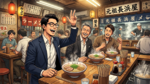 ⁠「元祖 ラーメン 長浜屋」と書かれた大きな看板がある、活気あふれるプレハブ風の広々とした店内で、スマートなメガネをかけたオシャレな日本人パパと、清潔感のあるイケメンの男性友人2名が、テーブルの上の大きな丼に入った長浜ラーメンを前に、楽しそうに「替玉！」とコールをしながら満面の笑みで食べている、湯気と温かい光に満ちたアニメスタイルのイラスト。⁠