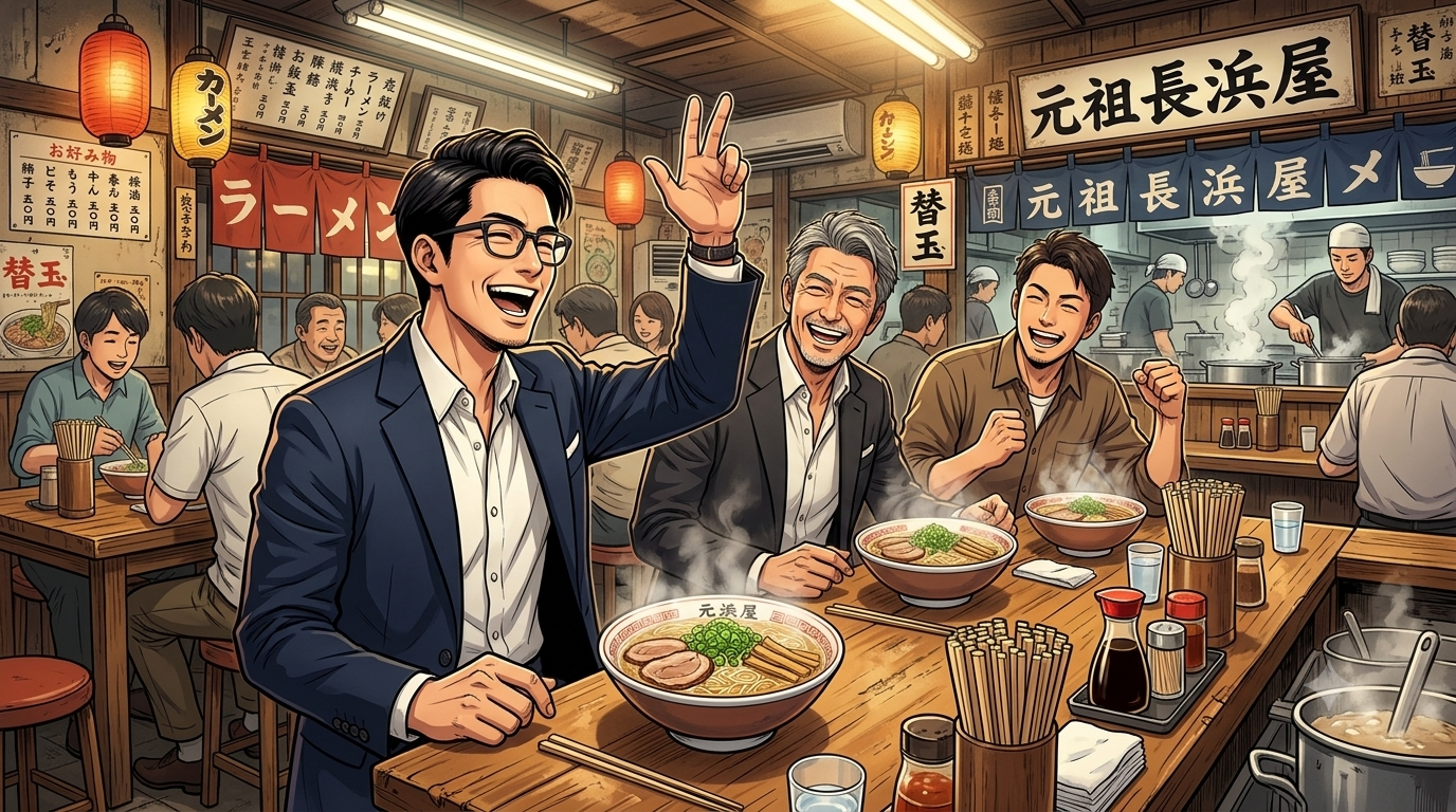 ⁠「元祖 ラーメン 長浜屋」と書かれた大きな看板がある、活気あふれるプレハブ風の広々とした店内で、スマートなメガネをかけたオシャレな日本人パパと、清潔感のあるイケメンの男性友人2名が、テーブルの上の大きな丼に入った長浜ラーメンを前に、楽しそうに「替玉！」とコールをしながら満面の笑みで食べている、湯気と温かい光に満ちたアニメスタイルのイラスト。⁠
