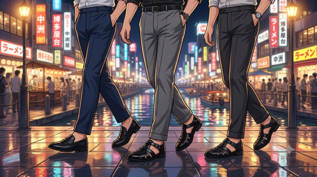 ⁠洗練された博多の夜の街並みをバックに、スマートなメガネをかけたオシャレな日本人パパと、清潔感のあるイケメンの男性友人2名が、上質なブラックレザーのグルカサンダルやスタイリッシュなコンフォートシューズを履いて、天神から中洲のライトアップされた川沿いの道を、満面の笑みで軽快に歩いている、都会的な cinematic な光が満ちたアニメスタイルのイラスト。足元は清潔感があり、非常に洗練されている。⁠
