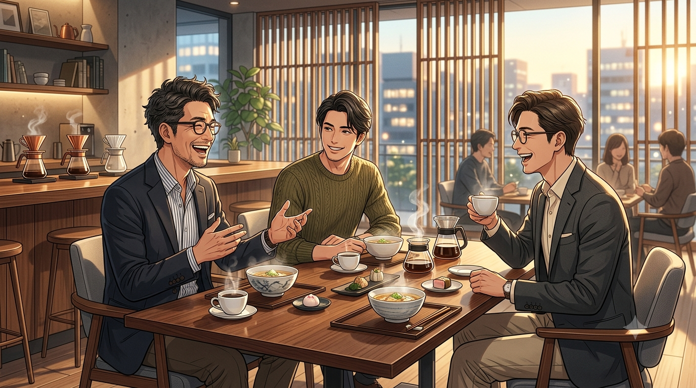 ⁠洗練された博多の和モダンなカフェの窓際席で、スマートなメガネをかけたオシャレな日本人パパと、清潔感のあるイケメンの男性友人2名が、美しい陶器に入った透き通る出汁スープとスタイリッシュなコーヒーカップを囲み、楽しそうに笑い合いながら大人のカフェタイムを楽しんでいる、夕方の美しい黄金色の光が差し込むアニメスタイルのイラスト。⁠
