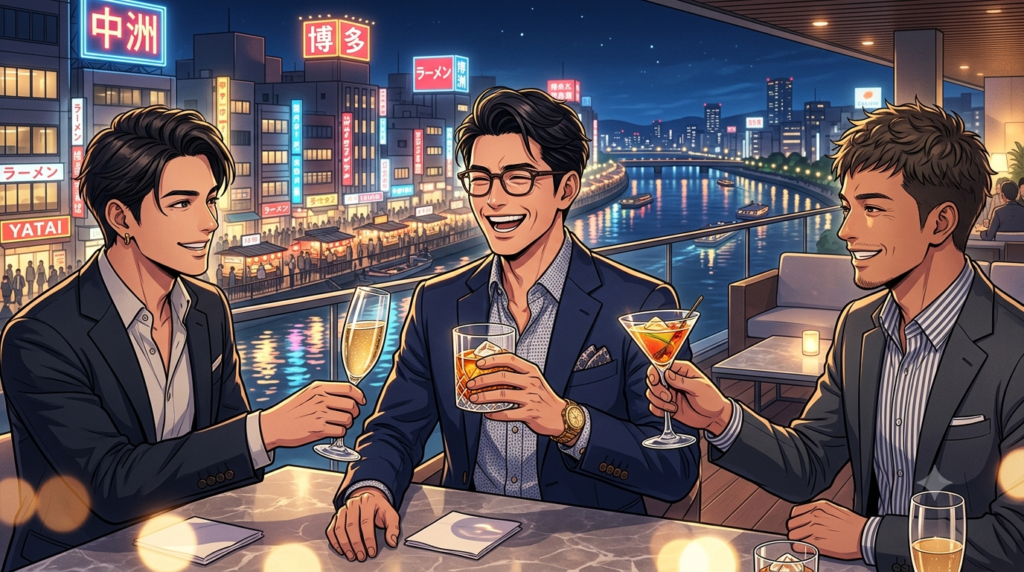 真夏の中洲の美しい夜景と那珂川のネオンを見下ろすビル最上階の洗練されたラグジュアリーな隠れ家バーのテラス席で、スマートなメガネをかけたオシャレな日本人パパと、清潔感のあるイケメンの男性友人2名が、高級感あふれるカクテルグラスを掲げてラグジュアリーな乾杯を楽しんでいる、温かいクリスタルな光が満ちたアニメスタイルのイラスト。背景には博多の美しい夜の街並みが広がっている。⁠