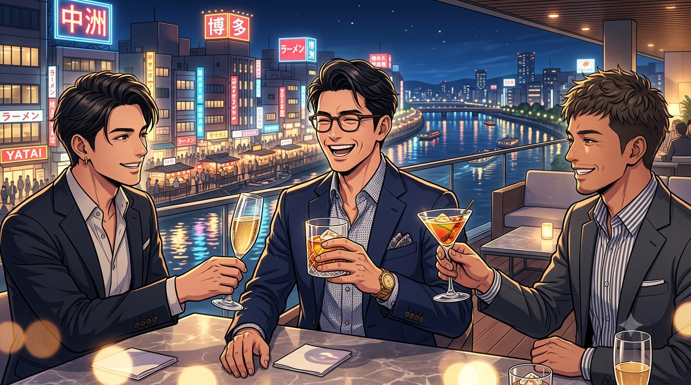 真夏の中洲の美しい夜景と那珂川のネオンを見下ろすビル最上階の洗練されたラグジュアリーな隠れ家バーのテラス席で、スマートなメガネをかけたオシャレな日本人パパと、清潔感のあるイケメンの男性友人2名が、高級感あふれるカクテルグラスを掲げてラグジュアリーな乾杯を楽しんでいる、温かいクリスタルな光が満ちたアニメスタイルのイラスト。背景には博多の美しい夜の街並みが広がっている。⁠