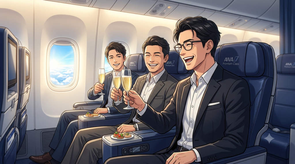 ⁠広々としたANAプレミアムクラスの modern な機内で、スマートなメガネをかけたオシャレな日本人パパと、清潔感のあるイケメンの男性友人2名が、高級感あふれるネイビーのレザーシートに座り、透明なシャンパングラスを掲げて満面の笑顔で cheerful な乾杯を楽しんでいる、温かい cinematic な朝の光が満ちたアニメスタイルのイラスト。窓の外には美しい青空と白い雲が広がっている。⁠