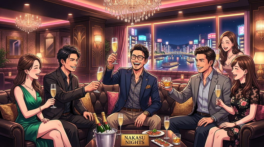 ⁠真夏の中洲のきらびやかでラグジュアリーな高級キャバクラのVIPルームで、スマートなメガネをかけたオシャレな日本人パパと清潔感のあるイケメンの男性友人2名が、美しい博多美人のキャストたちに囲まれながら、ゴールドに輝くシャンパングラスを掲げて満面の笑顔ではっちゃけて乾杯している、華やかな光と高級感に満ちたアニメスタイルのイラスト。⁠