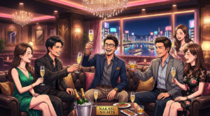 ⁠真夏の中洲のきらびやかでラグジュアリーな高級キャバクラのVIPルームで、スマートなメガネをかけたオシャレな日本人パパと清潔感のあるイケメンの男性友人2名が、美しい博多美人のキャストたちに囲まれながら、ゴールドに輝くシャンパングラスを掲げて満面の笑顔ではっちゃけて乾杯している、華やかな光と高級感に満ちたアニメスタイルのイラスト。⁠