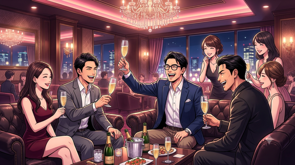 ⁠真夏の中洲のきらびやかでラグジュアリーな高級キャバクラのVIPルームで、スマートなメガネをかけたオシャレな日本人パパと清潔感のあるイケメンの男性友人2名が、美しい博多美人のキャストたちに囲まれながら、ゴールドに輝くシャンパングラスを掲げて満面の笑顔ではっちゃけて乾杯している、華やかな光と高級感に満ちたアニメスタイルのイラスト。⁠