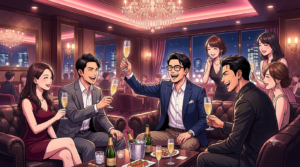 ⁠真夏の中洲のきらびやかでラグジュアリーな高級キャバクラのVIPルームで、スマートなメガネをかけたオシャレな日本人パパと清潔感のあるイケメンの男性友人2名が、美しい博多美人のキャストたちに囲まれながら、ゴールドに輝くシャンパングラスを掲げて満面の笑顔ではっちゃけて乾杯している、華やかな光と高級感に満ちたアニメスタイルのイラスト。⁠